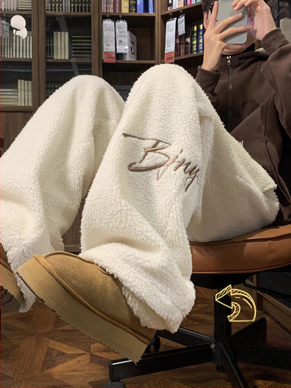 [căptușit cu lână] Pantaloni drepți brodați cu căptușeală din lână de miel, pantaloni casual coreeni pentru femei, toamna și iarna, noi pentru studenți