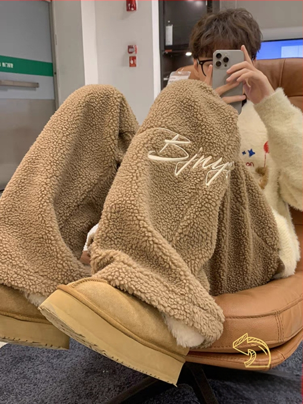 [căptușit cu lână] Pantaloni drepți brodați cu căptușeală din lână de miel, pantaloni casual coreeni pentru femei, toamna și iarna, noi pentru studenți