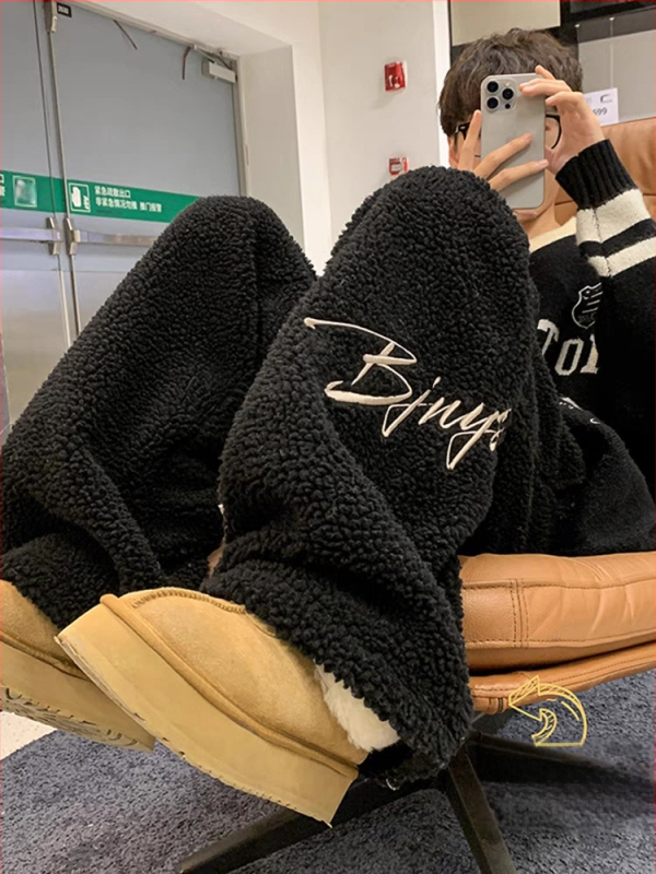 [căptușit cu lână] Pantaloni drepți brodați cu căptușeală din lână de miel, pantaloni casual coreeni pentru femei, toamna și iarna, noi pentru studenți