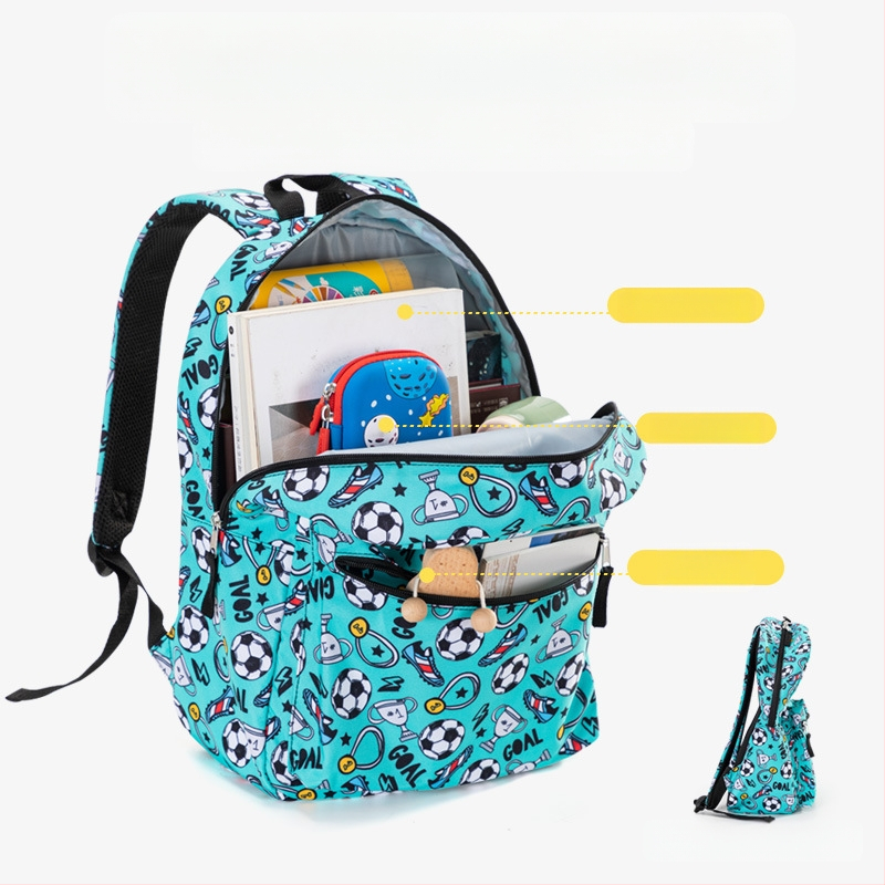 Algkooli koolikott kolmeosaline koomiksitrükiga jalgpalliga laste seljakott koorem kerge õlakott tootjad hulgimüük