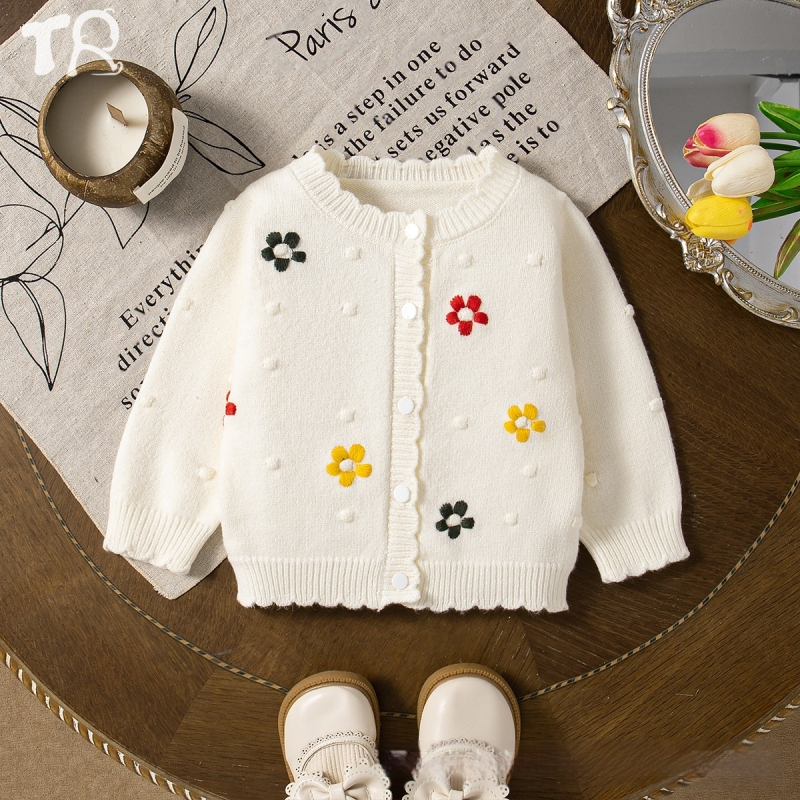 Dječji pleteni vuneni kardigan, kremasto-bijeli, okrugli izrez, dugi rukavi, cvjetni vez, džemper u zapadnjačkom stilu