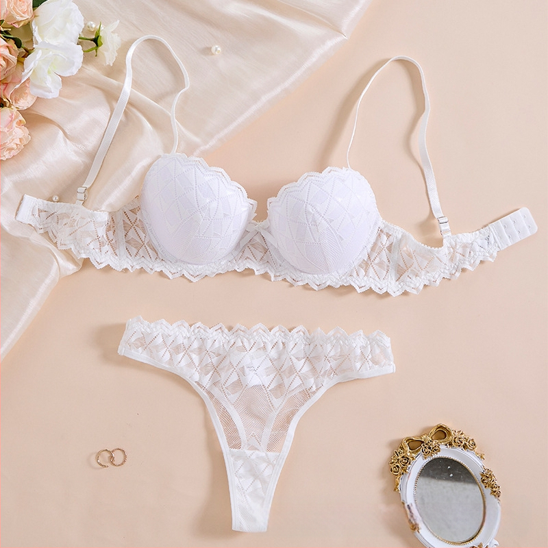 Y2024 karštai parduodama prancūziško stiliaus pusės kaušelio seksuali nėriniuota liemenėlė, netuščio kaušelio apatinio trikotažo seksualus baltas komplektas 24022