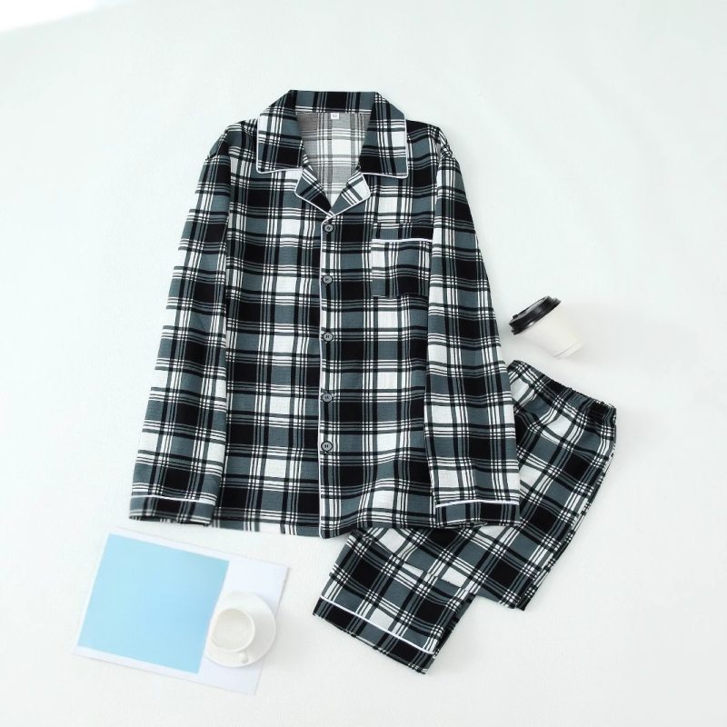Pánske ležérne kockované pyžamo, oblek s dlhým rukávom, košeľou a nohavicami s gombíkom na klope, neelastické