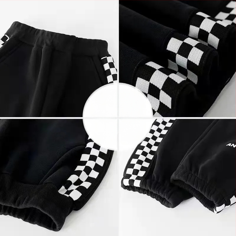 Lasteriided Poiste sügispüksid 2023 Uued Korea stiilis kevad- ja sügispüksid, keskmised ja suured laste malelaua mustriga, trendikad sügispüksid