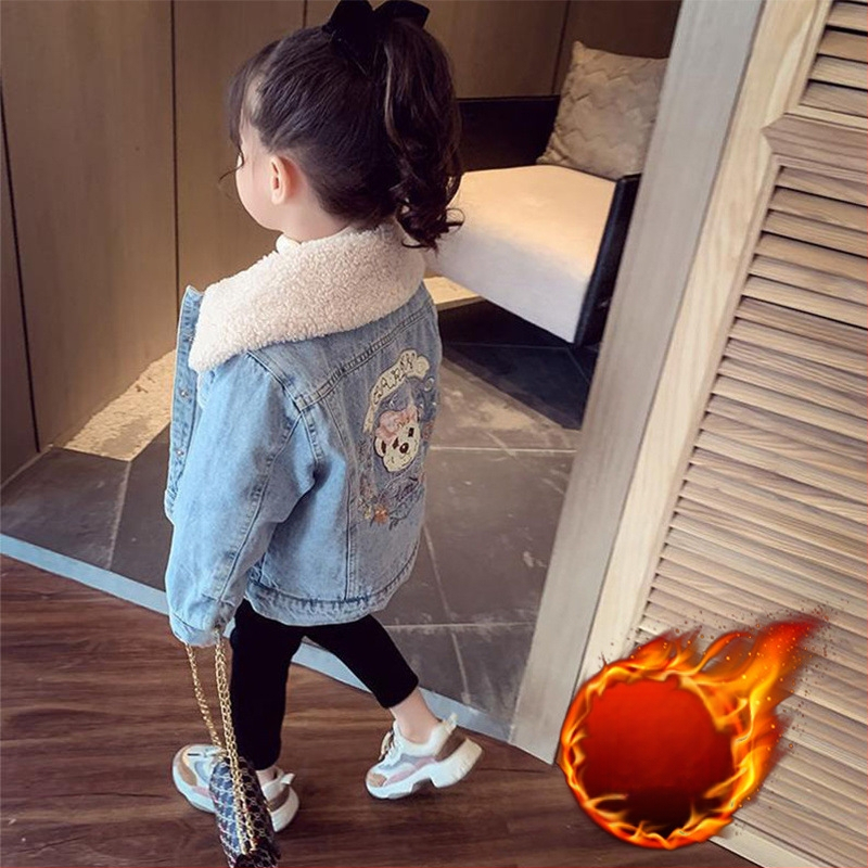 Tüdrukute mantel Talv 2023 Uus laste lambavillast fliisvoodriga paksendatud teksariidest mantel Tüdrukute sügis- ja talvepluus