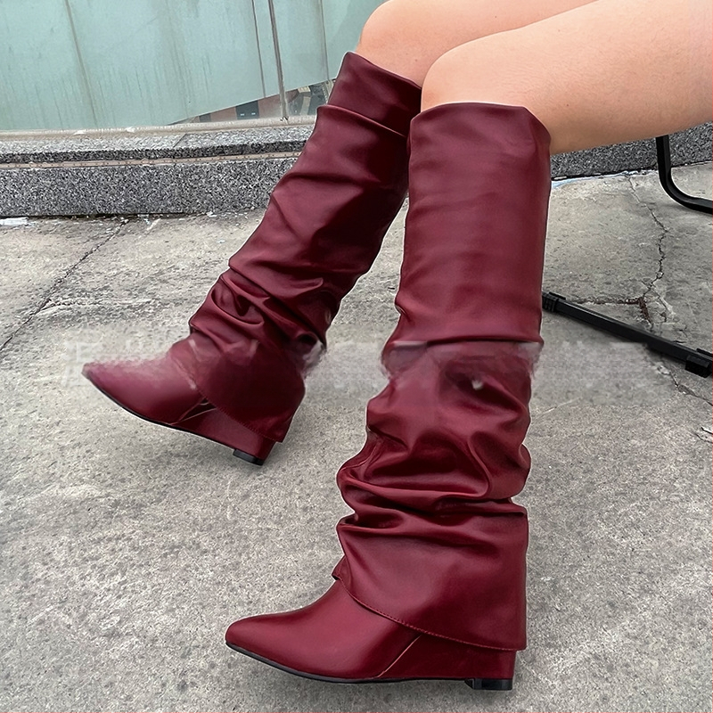 2024 Nové európske a americké zahraničné obchodné špicaté vráskavé čižmy na vysokom podpätku s klinovým podpätkom a dlhým valcom, dámske čižmy, módne čižmy po kolená, dámske topánky