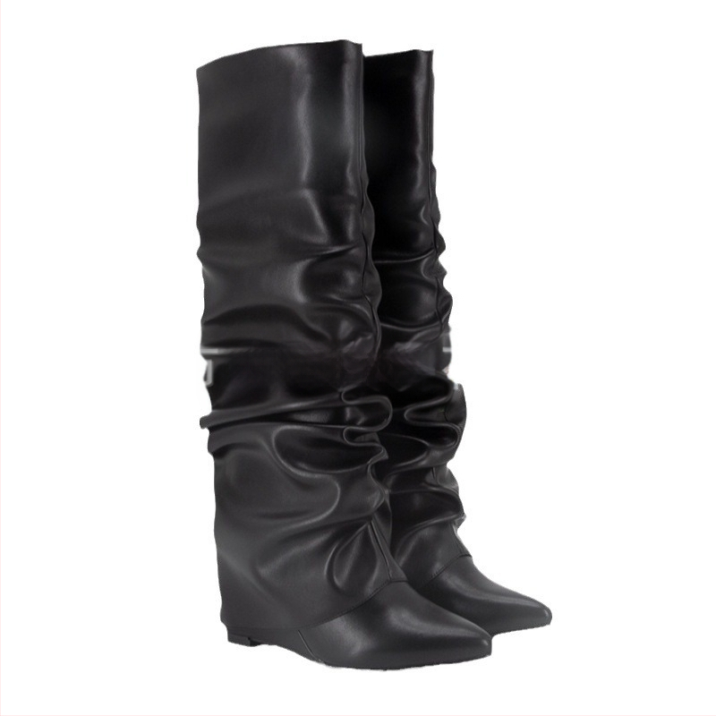2024 Nové európske a americké zahraničné obchodné špicaté vráskavé čižmy na vysokom podpätku s klinovým podpätkom a dlhým valcom, dámske čižmy, módne čižmy po kolená, dámske topánky