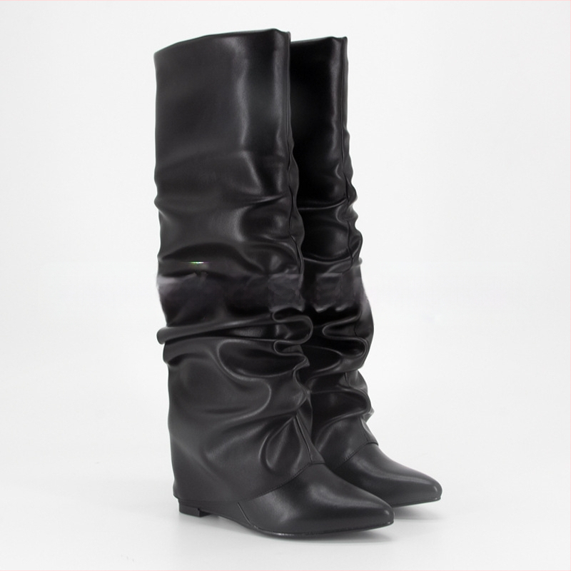 2024 Nové európske a americké zahraničné obchodné špicaté vráskavé čižmy na vysokom podpätku s klinovým podpätkom a dlhým valcom, dámske čižmy, módne čižmy po kolená, dámske topánky