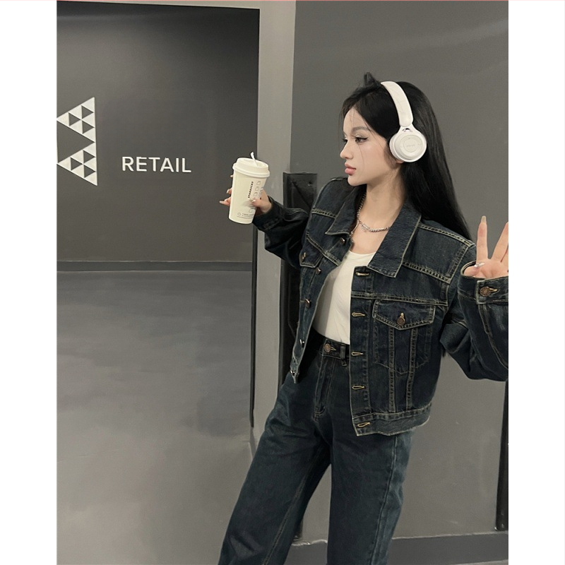 Pravi modni zgodni djevojački široki kratki traper kaput visokog struka širokih hlača dvodijelni set