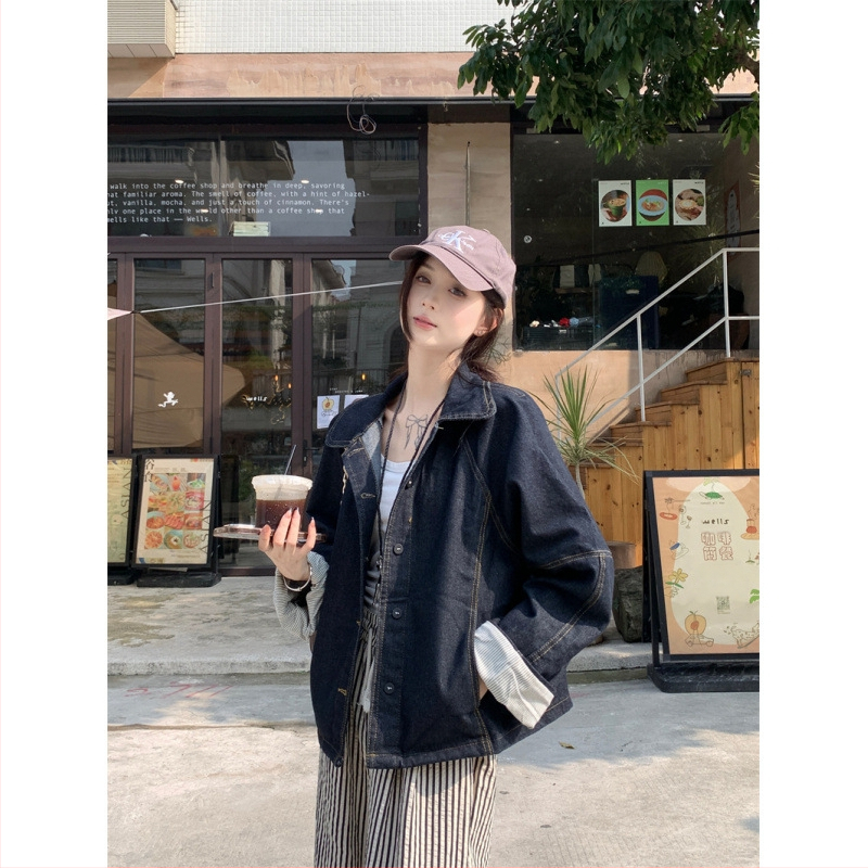 „Real Shot Niche Design Sense“ rankogalių siuvinėjimo dryžuotas džinsinis švarkelis, rudens mados, visų rungtynių viršus