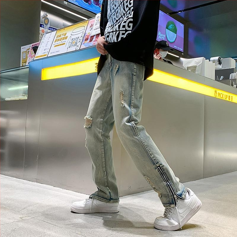 Jarné a jesenné luxusné staré americké ležérne retro roztrhané džínsy pánske európske a americké módne značky malých rovných nohavíc jarná móda