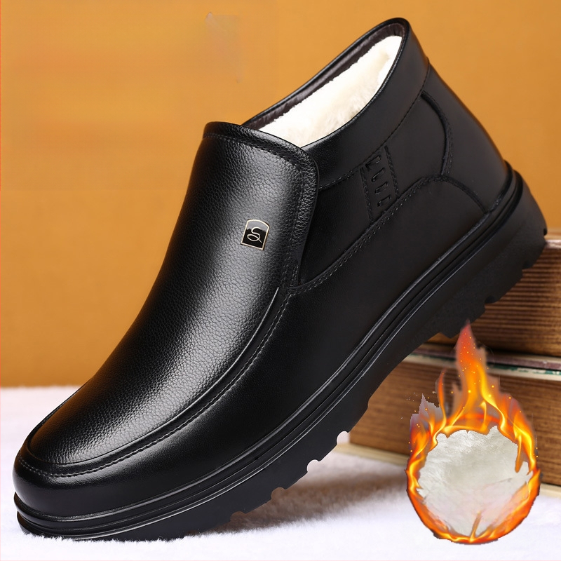 Pamučne cipele Muške zimske tople flisom podstavljene zadebljane kratke vunene muške pamučne kožne cipele za srednju i stariju dob, neklizajuće cipele za tate, plus veličina 4748
