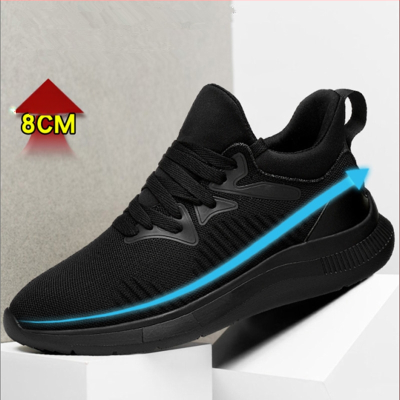 Pánske topánky na zvýšenie výšky 8 cm, čierne priedušné, ležérne, všestranné športové topánky, neviditeľné vnútorné zvýšenie výšky 6 cm, tkané, trendy topánky