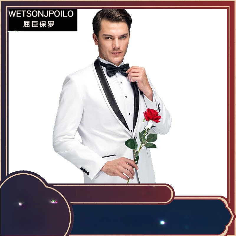 Populiarus produktas užsienyje: 2025 m. pavasario džentelmeniškas oficialus vyriškas švarkas su baltu atlasu apvaliu kaklu.