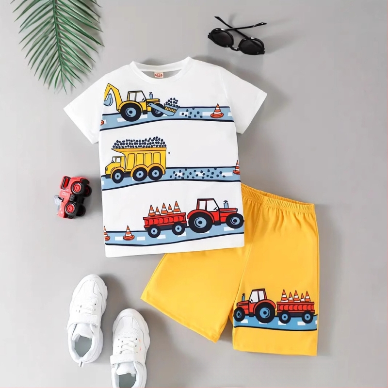 Pánske detské oblečenie 2025 Nové kreslené auto s krátkym rukávom, šortky s animovanou potlačou, ležérna dvojdielna súprava