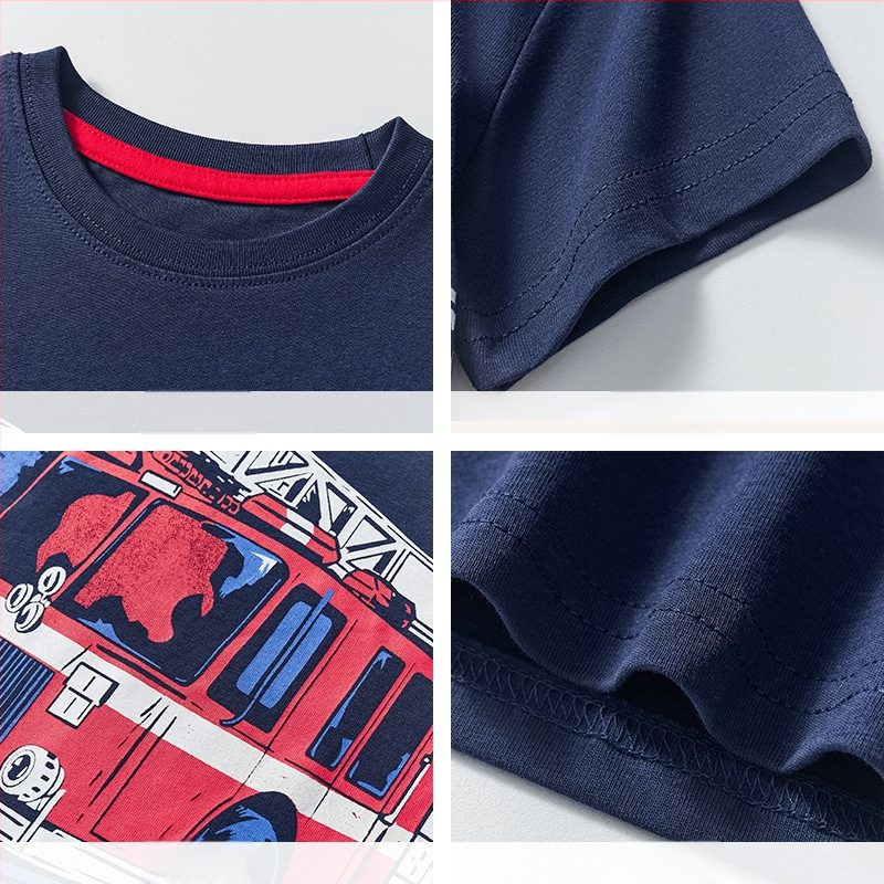 Euroopa ja Ameerika lasterõivad lühikeste varrukatega 2025 laste T-särk poistele, koomiksiga tuletõrjeauto muster, suvine poolvarrukaga tehas, hulgimüük