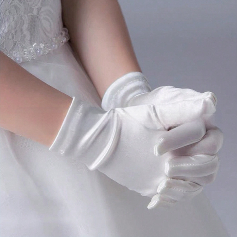 N30 Naujos Mergaičių Baltos Aukštos Kokybės Satininės Vestuvinės Pirštinės Foto Pirštinės Scenos Pasirodymo Pirštinės Princesės