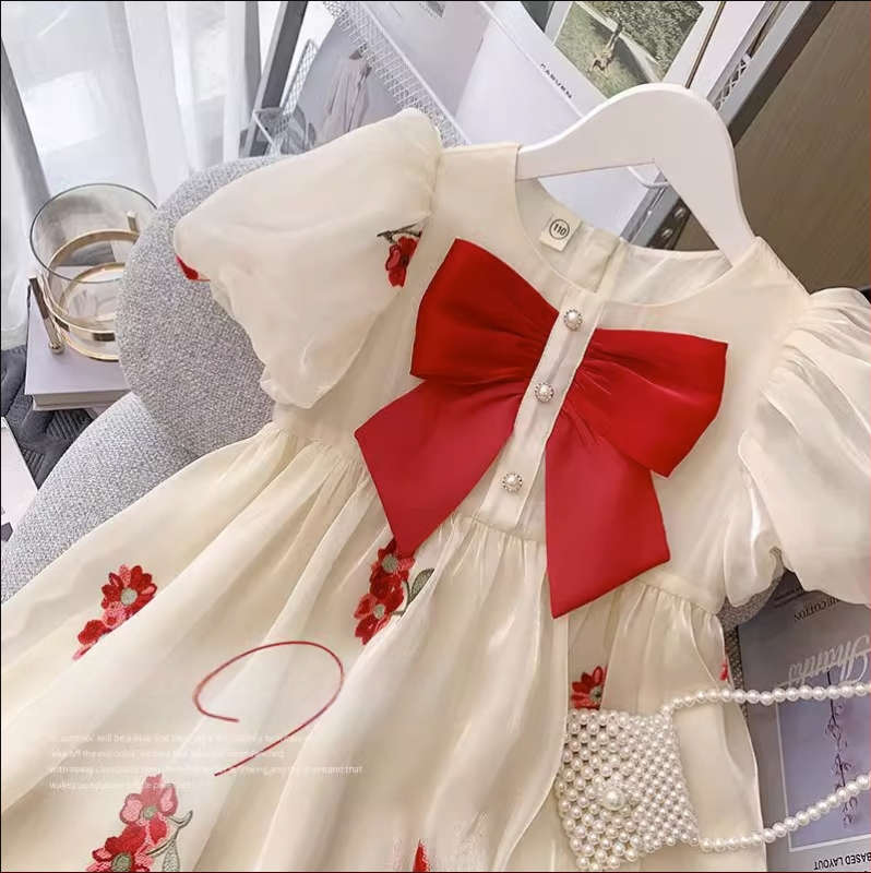 Haljina za djevojčice 2024. Novi stil dječje ljetne haljine s puf rukavima i mašnom, vezena haljina za djevojčice