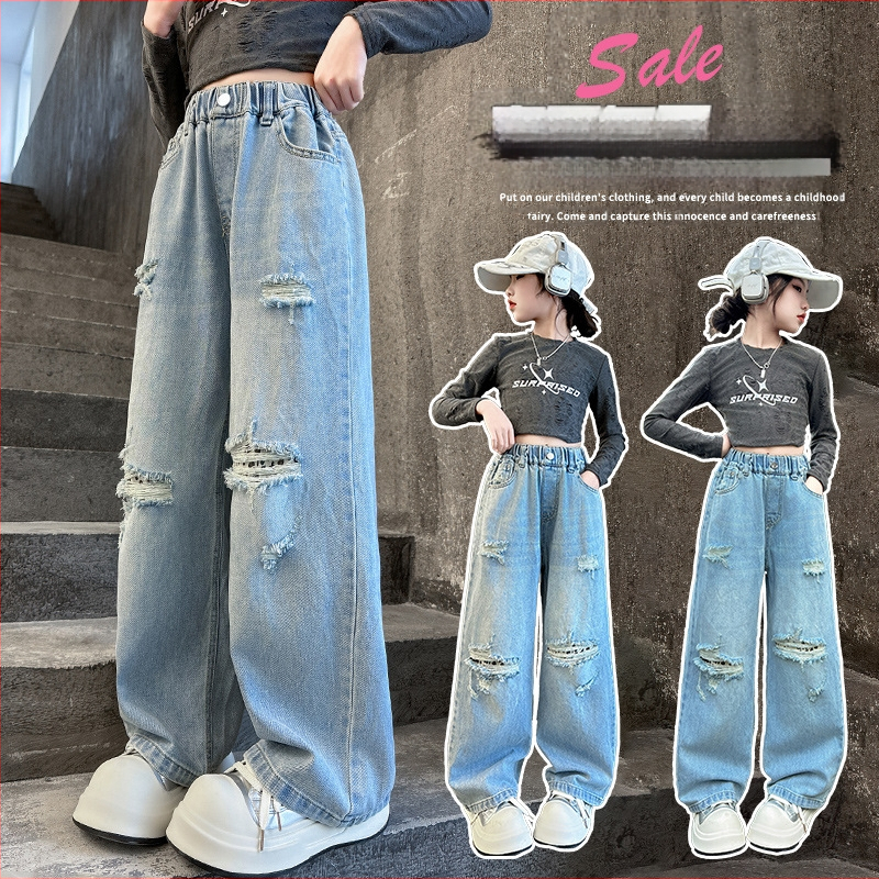 Djevojačke traperice 2025., nove velike dječje široke ravne elegantne duge ležerne hlače s rupicom