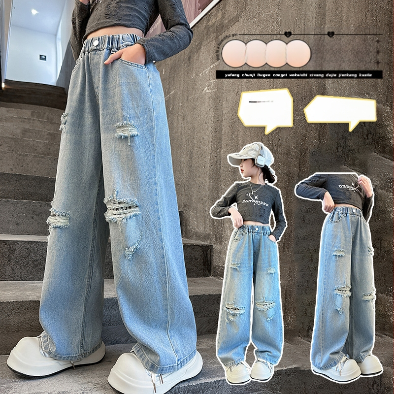 Djevojačke traperice 2025., nove velike dječje široke ravne elegantne duge ležerne hlače s rupicom