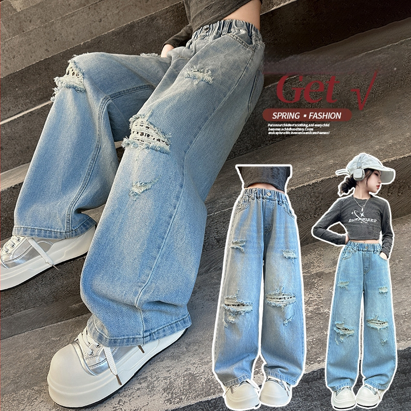 Djevojačke traperice 2025., nove velike dječje široke ravne elegantne duge ležerne hlače s rupicom