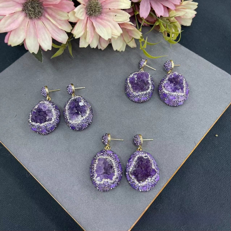 Urugvajas ametista TikTok tiešraides karsti pārdotie auskari ar čūskādas dibenu, augstas kvalitātes dabīgā akmens vintage rotaslietas