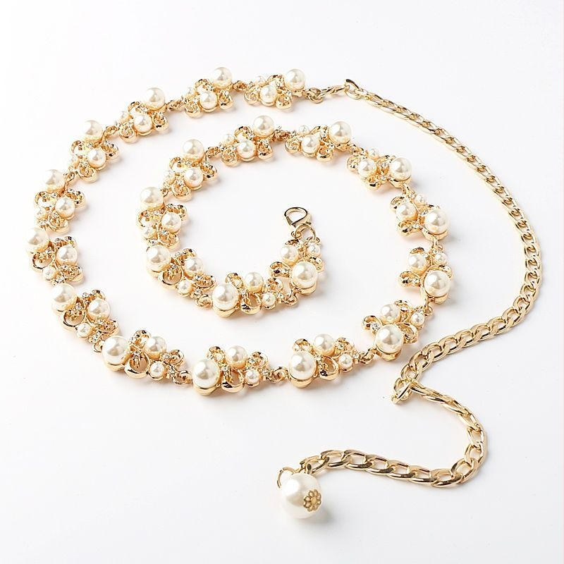 Pērļu jostas sieviešu svārki Dienvidkorejai, viss atbilstošs salds dekoratīvs plāns vidukļa ķēdes metāla ķēdes džemperis kleitas aksesuāri