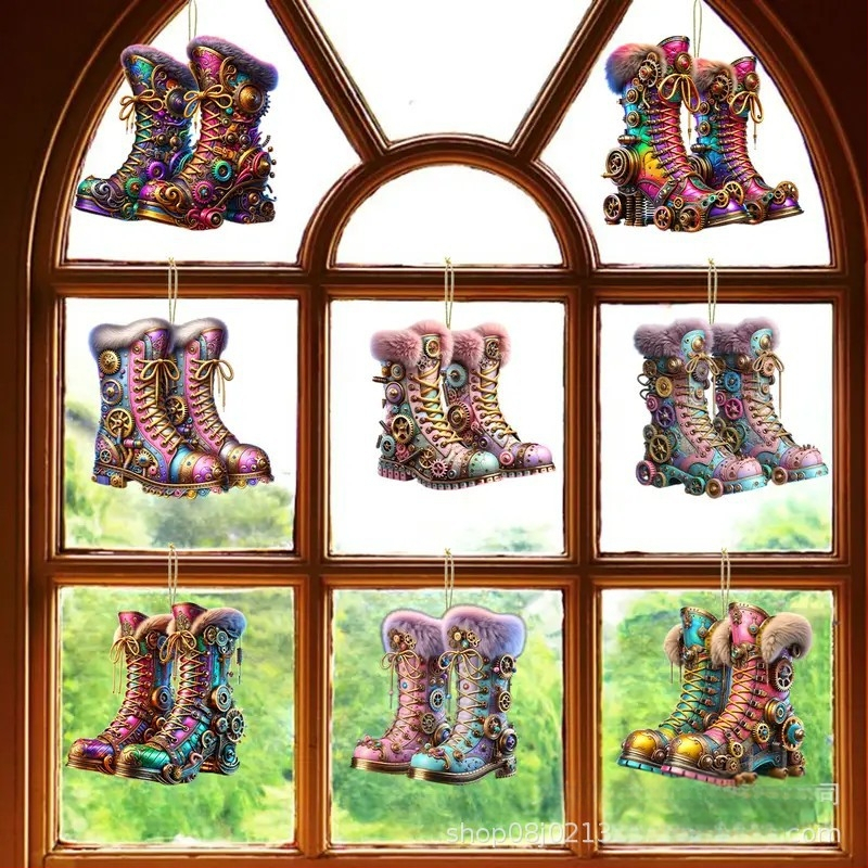 Трансгранични нови 16 броя коледни креативни пънк цветни ботуши за дома дървена декорация за парти висулка