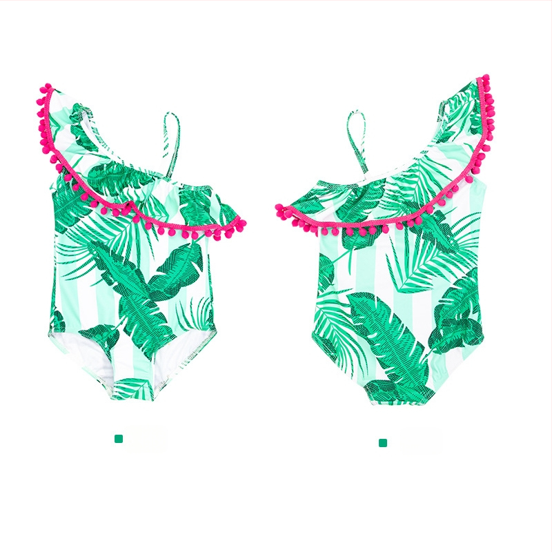 Detské plavky, letné nové dievčenské plavky, zelené šikmé ramenné plavky s strapcami, banánový list, jednodielne plavky pre dievčatká
