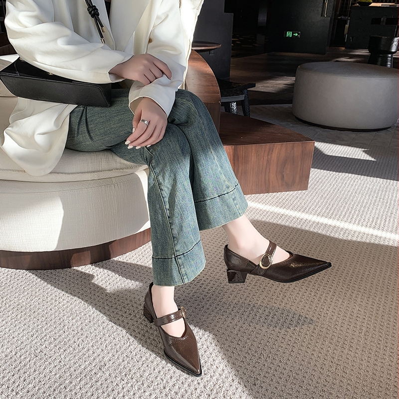 2024. Novi korejski stil Jesenske i zimske plitke modne cipele sa srednjom petom, jednoslojne cipele s debelom petom, ženske cipele Mary Jane, modne, univerzalne