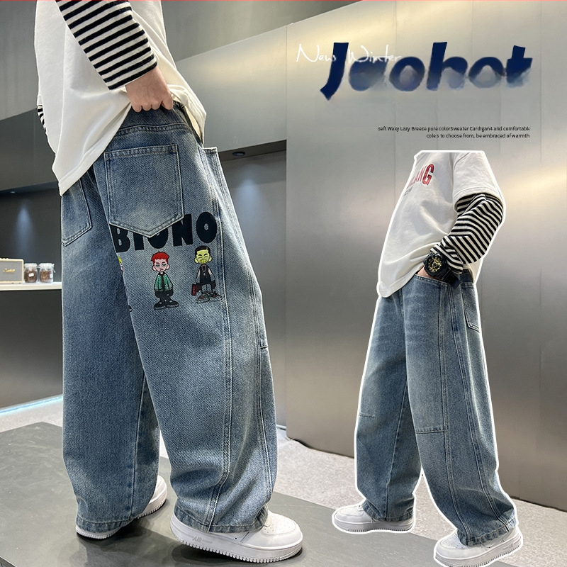 Детски пролетни панталони за момчета 2025, нов стил, големи детски пържени улични дънки, пролетни и есенни пролетни панталони за момчета