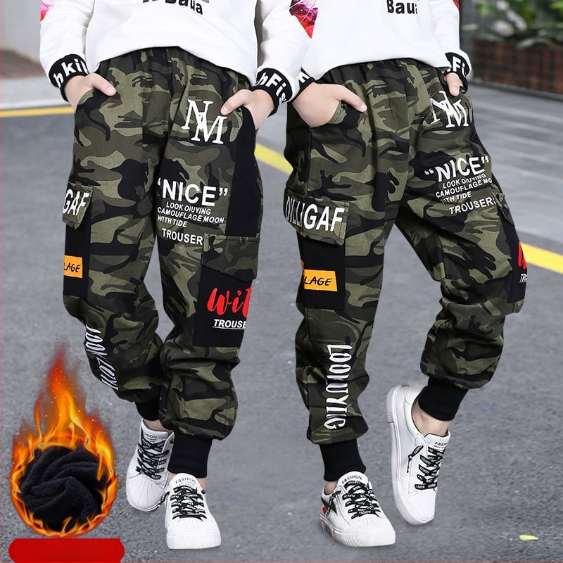 Dječje hlače s flis podstavom, tople zadebljane, nove dječje zimske ležerne maskirne hlače iz 2024., moderne hlače
