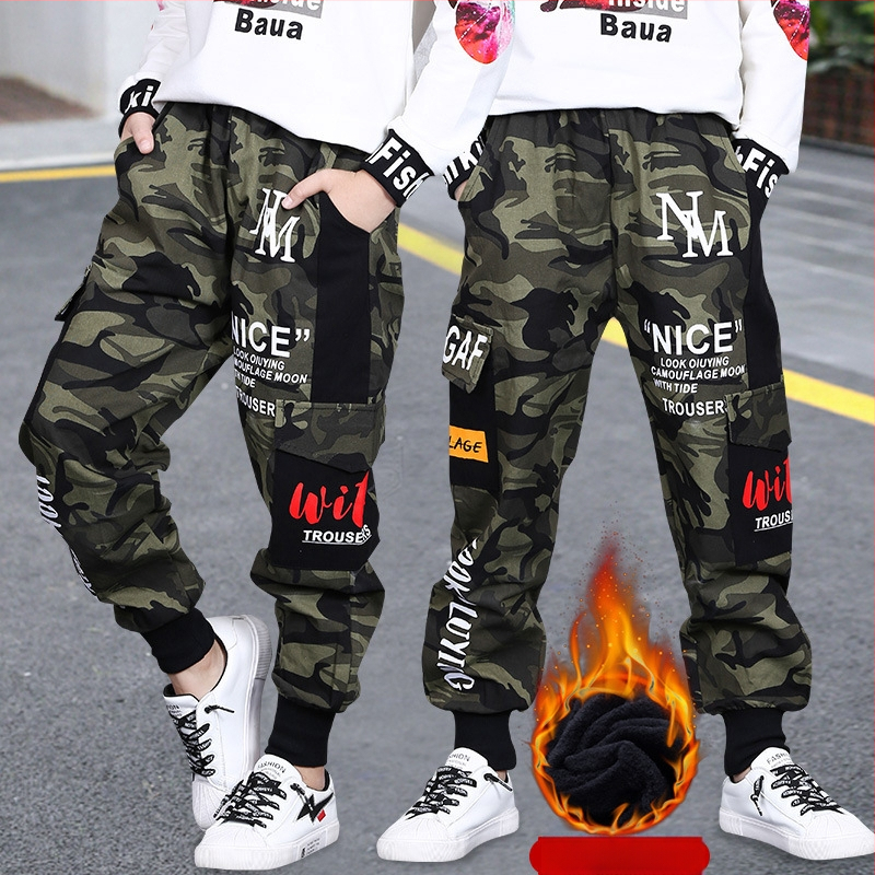 Dječje hlače s flis podstavom, tople zadebljane, nove dječje zimske ležerne maskirne hlače iz 2024., moderne hlače