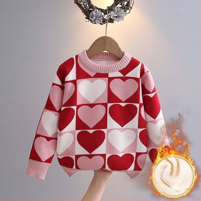 Djevojački jednodijelni baršunasti džemper za jesen i zimu, novi korejski stil, svestrani karirani top sa srcima, pletena majica za djevojčice s donjim dijelom