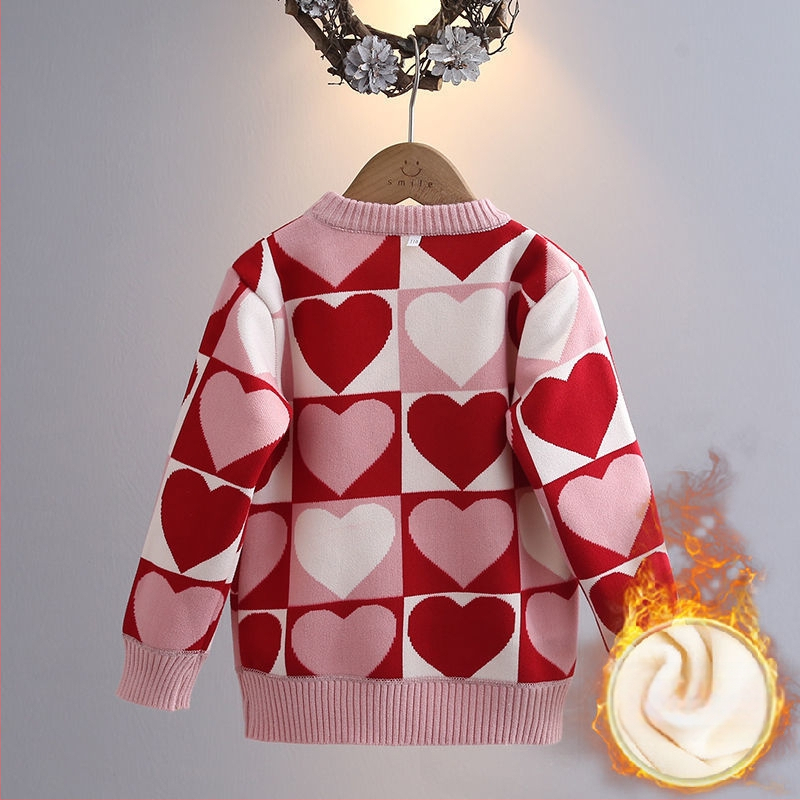 Djevojački jednodijelni baršunasti džemper za jesen i zimu, novi korejski stil, svestrani karirani top sa srcima, pletena majica za djevojčice s donjim dijelom