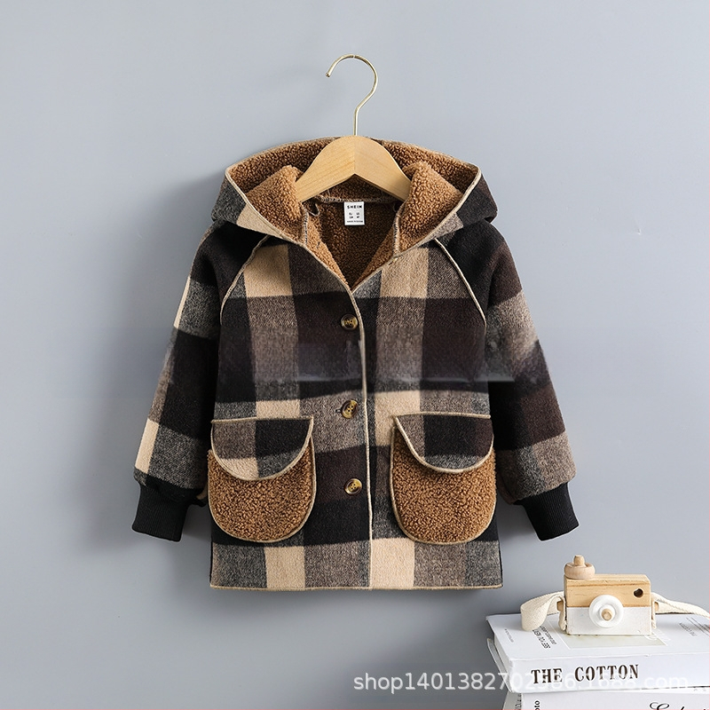 Berniukų rudens ir žiemos vesterno stiliaus šiltas vilnonis paltas 2022 m. Naujas mergaitiškas flisinis paltas su pamušalu, sustorintas vidutinio ilgio ėrienos flisas.