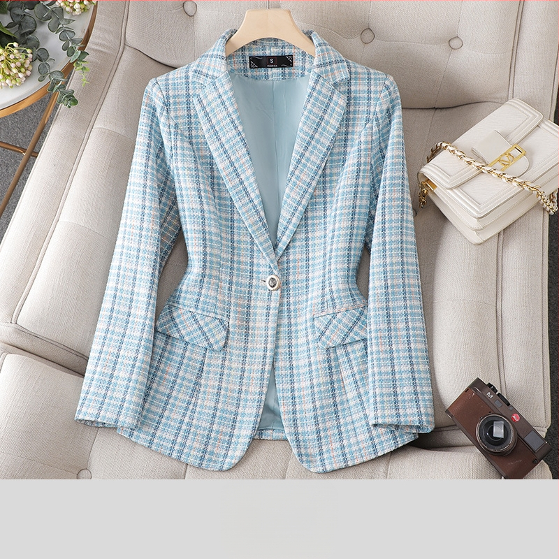 Dámske sako v tvídovom štýle, jar a jeseň 2023, nový úzky krátky módny elegantný kockovaný oblekový top