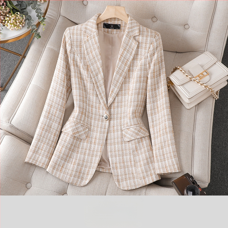 Dámske sako v tvídovom štýle, jar a jeseň 2023, nový úzky krátky módny elegantný kockovaný oblekový top