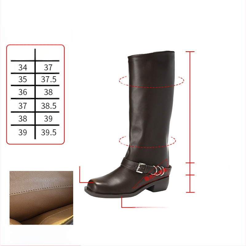 Verzija od kravlje kože ~ Retro svestrane modne čizme za žene 2024. Čizme s četvrtastim vrhom, metalne visoke čizme s tubusom za odlaganje, zapadnjačke čizme
