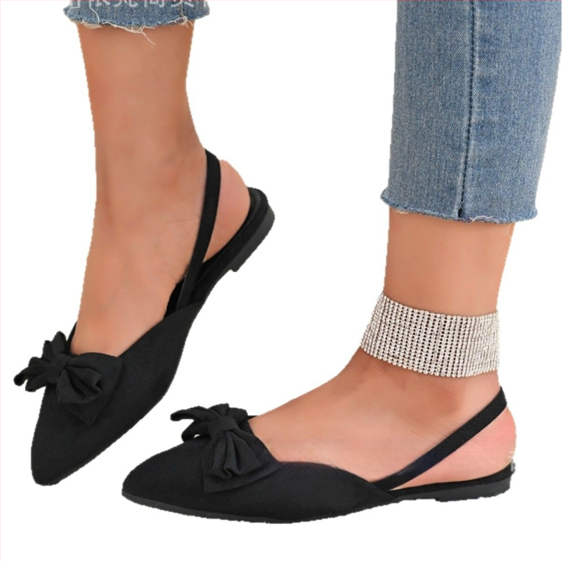 Ljetne nove korejske sandale za žene u korejskom stilu, crne s mašnom, špicastim vrhom, Baotou, s jednim znakom, remenom straga, praznim, francuskim, jednostavnim prekidom