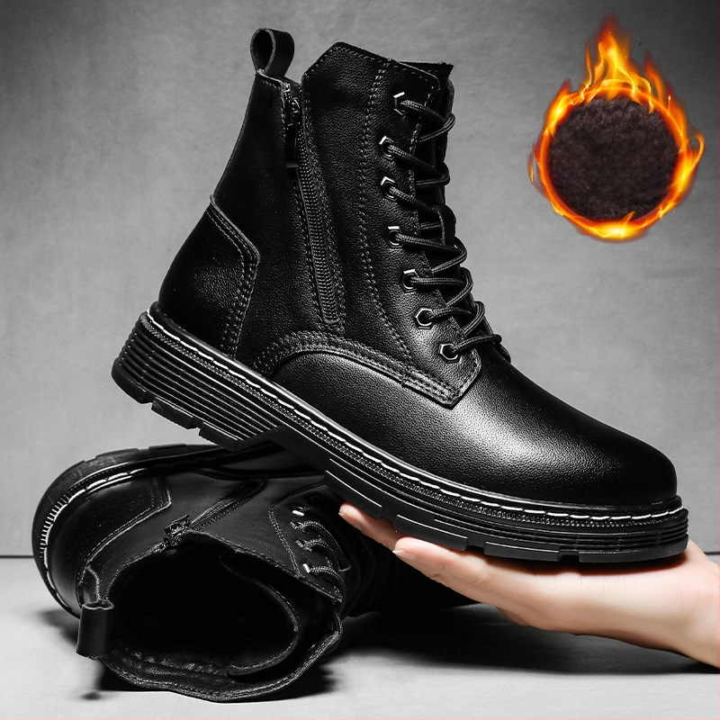 Jeseň a zima 2024 nové cezhraničné pánske kožené pracovné topánky Martin vo veľkých veľkostiach, kožené čižmy s bočným zipsom a flísovou podšívkou, teplé pánske topánky