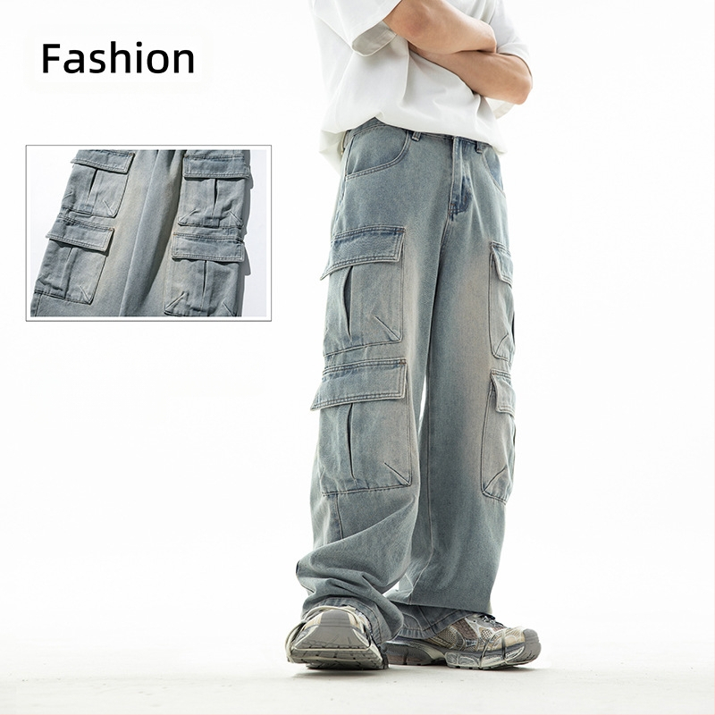 Férfi munkaruha stílusú többzsebes farmernadrág, kopott, mosott vintage japán lezser nadrág, kínai stílusú bő hosszú nadrág