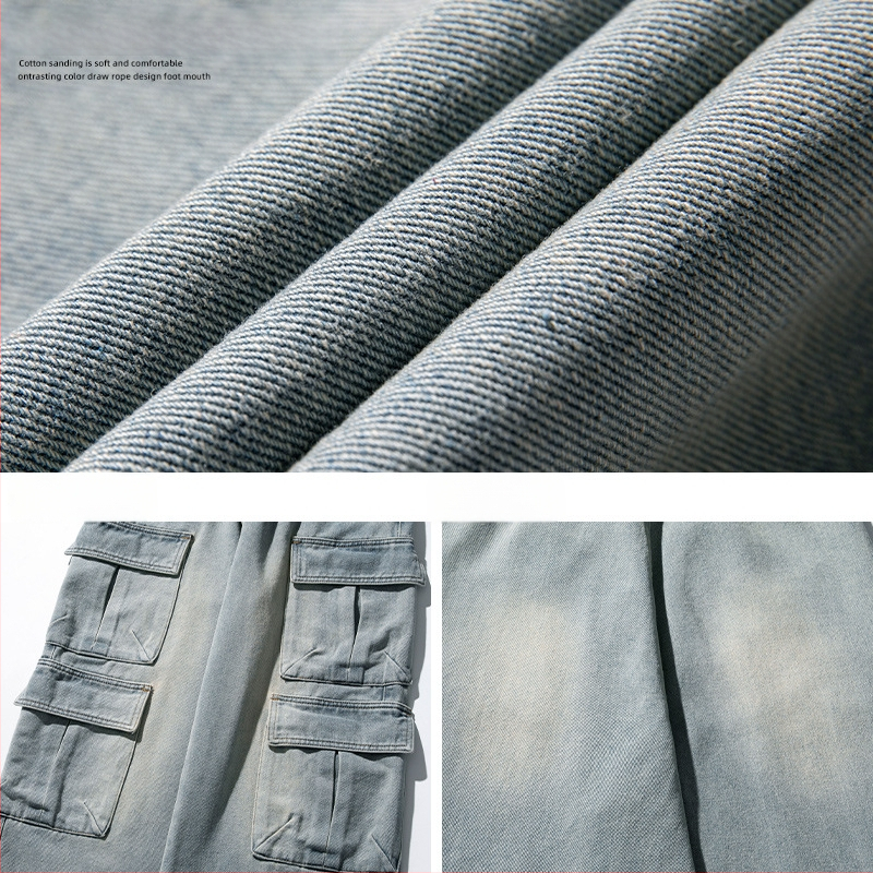 Férfi munkaruha stílusú többzsebes farmernadrág, kopott, mosott vintage japán lezser nadrág, kínai stílusú bő hosszú nadrág