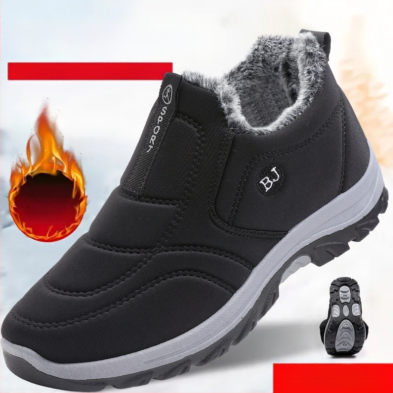 Зимни обувки от заешка кожа, стари пекински плат, мъжки памучни обувки с поларена подплата, удебеляващи кухненски водоустойчиви и устойчиви на износване работни топли обувки