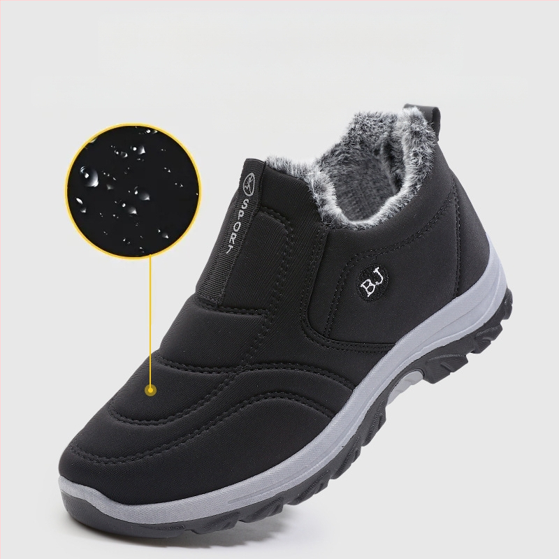 Зимни обувки от заешка кожа, стари пекински плат, мъжки памучни обувки с поларена подплата, удебеляващи кухненски водоустойчиви и устойчиви на износване работни топли обувки