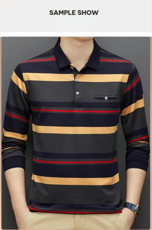 2023 Nova prugasta muška majica dugih rukava, pamučna polo majica s reverom i džepovima, proljetna i jesenska poslovna odjeća za tate