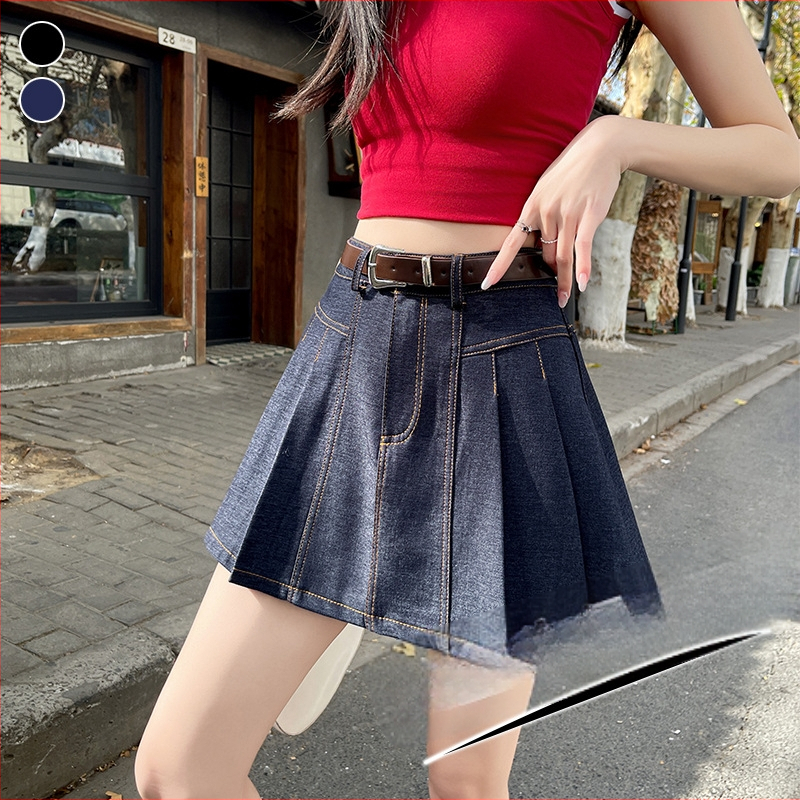 Dámska skladaná sukňa z tencelového denimu v vysokoškolskom štýle, jar 2025, malá, vek znižujúca, univerzálna, ležérna sukňa v tvare A