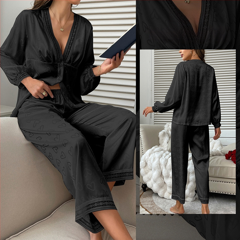 Európai és amerikai divatos hosszú ujjú pizsama szexi nadrág öltöny kétrészes kényelmes szatén szerelem jacquard otthoni ruházat 687