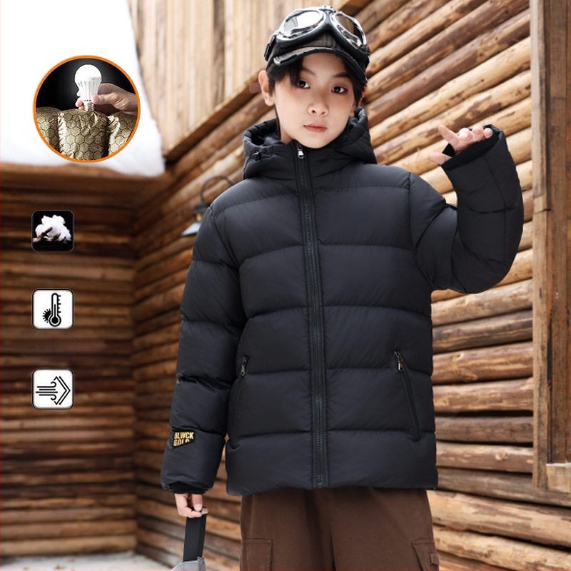 Παιδικό μπουφάν με επένδυση από πούπουλο και βαμβάκι, μαύρο χρυσό κοντό παλτό, μεγάλο παιδικό παλτό με επένδυση από βαμβάκι, αδιάβροχο, χειμερινό κοστούμι για αγόρια