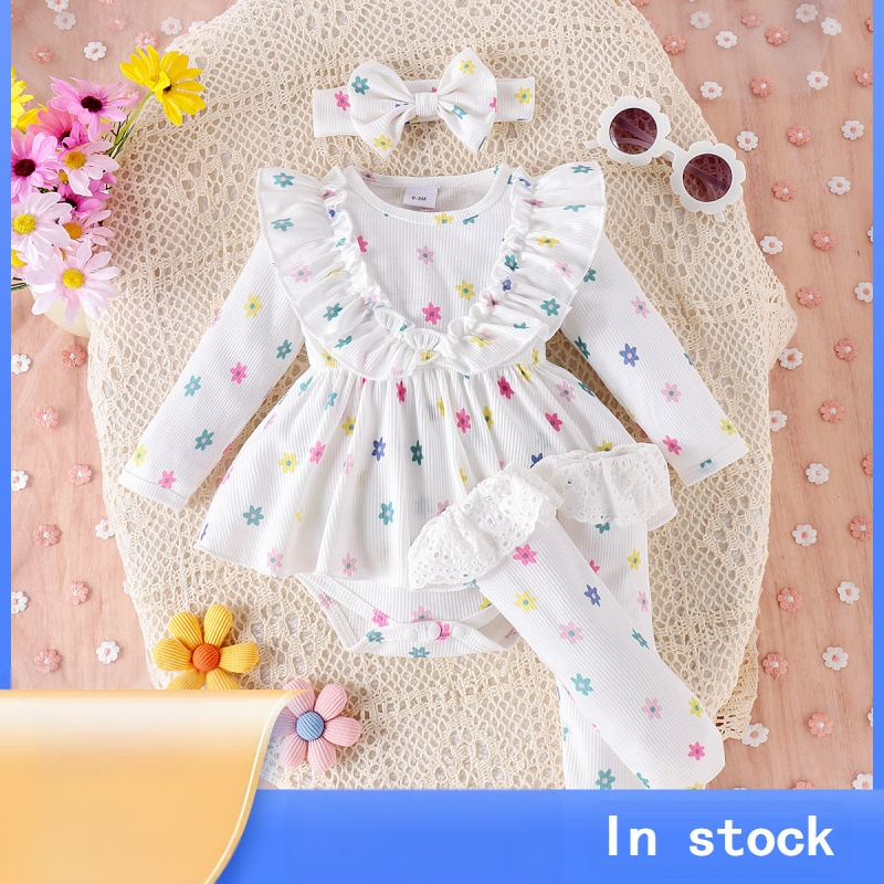 Amazon Jesenska i zimska suknja dugih rukava s printom cvijeća iz koštice za novorođenče s trakom za kosu, čipkaste čarape za djecu, hagown